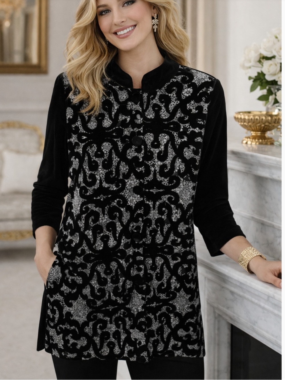 Chico’s Travelers Black Burn Out Velvet Whimsy Goth Silk Blend Paisley Jacket XL